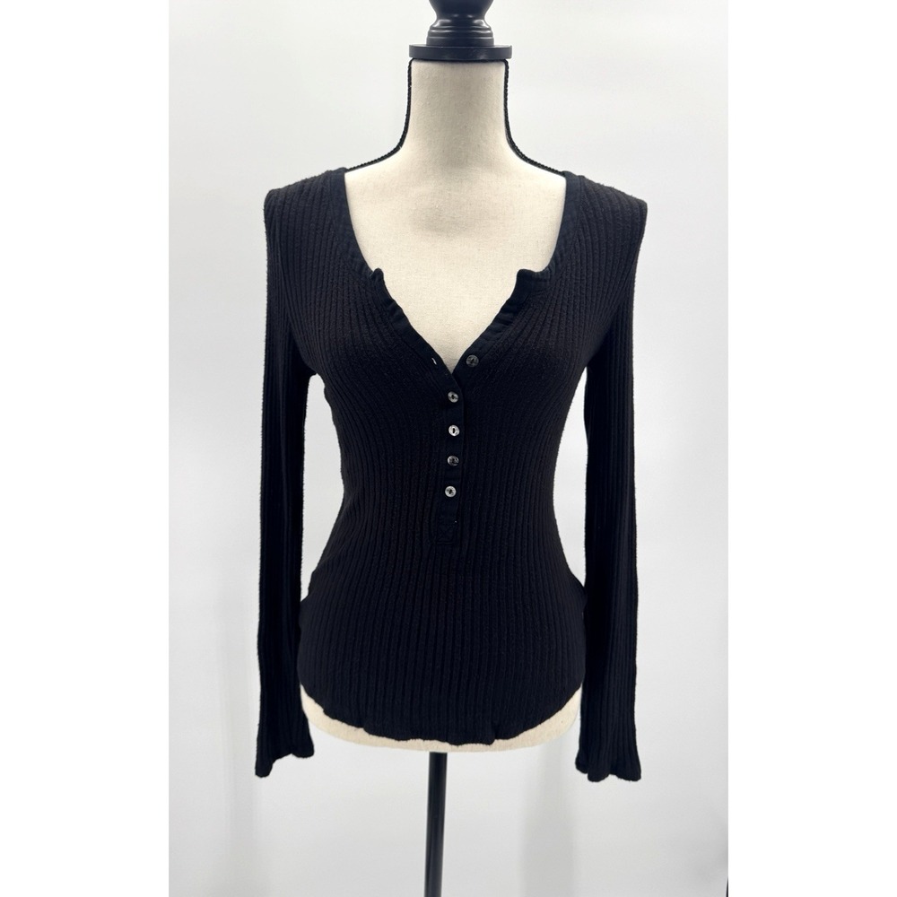 Y2K Anthro Postmark Womens Medium Top Black Henley Retro 90s Slim Fit Whimsigoth